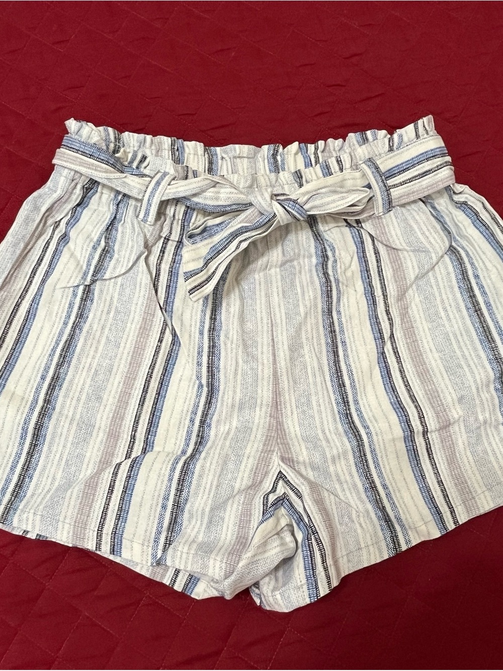 BeBop High-Waist Striped Paperbag Shorts - Blue/White